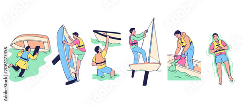 фотографія Water safety rescue illustration set showing capsized boat survival techniques, bailing water, righting sailboat, and floating with life jacket on white background for educational training guide