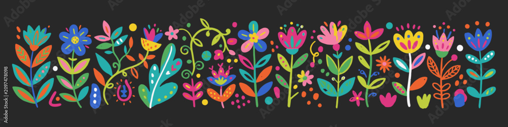 Fototapeta premium Seamless border with colorful stylized hand drawn flowers and leaves on a dark background folk art style floral pattern for textile, wallpaper, wrapping paper, and greeting cards