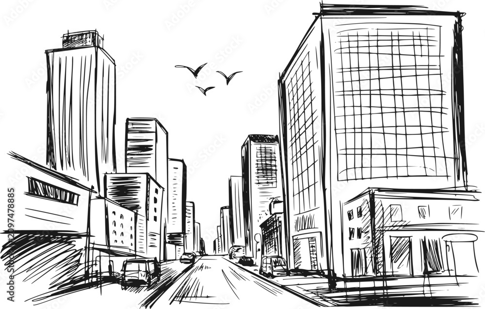 Fototapeta premium 高い超高層ビル、都市の建物、晴天を飛ぶ鳥が描かれた街路の手書きイラスト