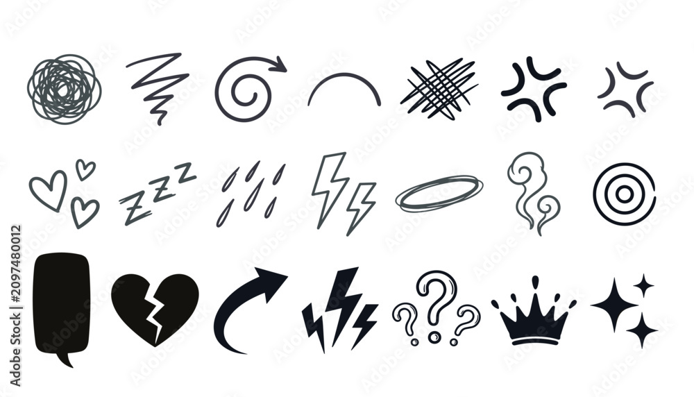 Fototapeta premium Comic book expression and hand drawn abstract doodle vector set. Cartoon symbols, anger vein, hearts, lightning, arrows, scribble marks, crown and emotion design elements.