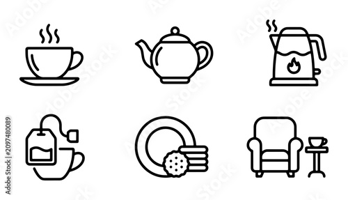 Konstfotografi Tea Time Icons: Kettle, Teapot, Cup, Cookies, Chair, Vector Set