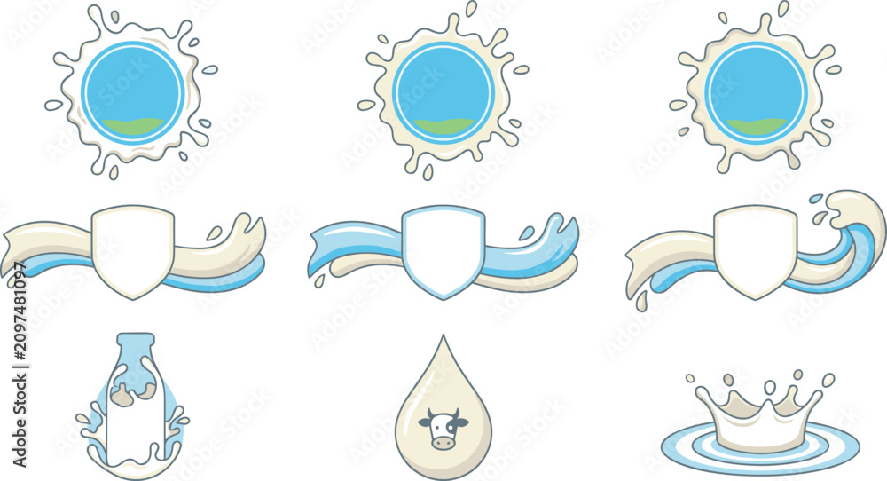 Fototapeta premium Fresh Milk Product Label and Logo Vector Template Set Featuring Liquid Splashes Cream Crowns Bottles Shields and Cow Head Icons for Dairy Branding