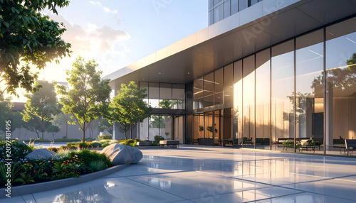 Modern glass building entrance with landscaped grounds, sunlight, and reflections