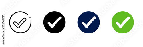 Check Mark Approval Icon Set in Outline, Solid, Navy Blue and Green Styles, Verified Success Tick Symbol Vector Collection Isolated on Transparent Background