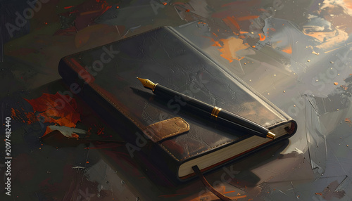 A leather-bound journal and fountain pen rest on a painterly, neutral-toned surface