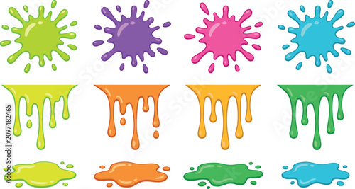 Bild auf Leinwand Colorful Paint Splat Vector Set Featuring Slime Drips, Liquid Blots, and Ink Spl