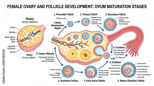 Photos Female Ovary and Follicle Development: Ovum Maturation Stages Diagram