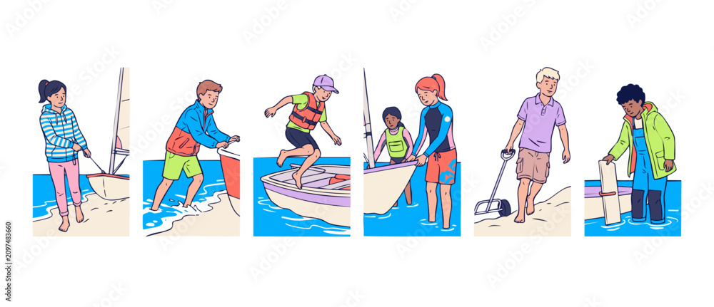 Fototapeta premium Sailing kids vector illustration set of children learning water sports and boating on a beach summer camp, active teenagers enjoying outdoor marine activities and sailing lessons on the sea.
