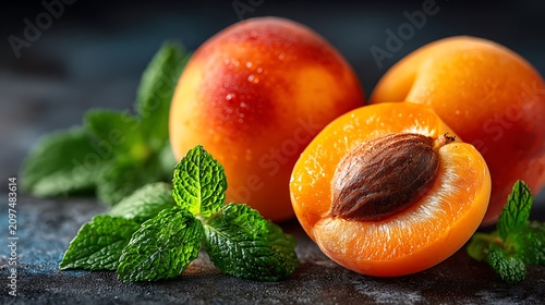 Fresh ripe apricots with green mint leaves on dark textured surface close up view showing juicy orange fruit halves with stone for healthy nutrition and culinary recipes