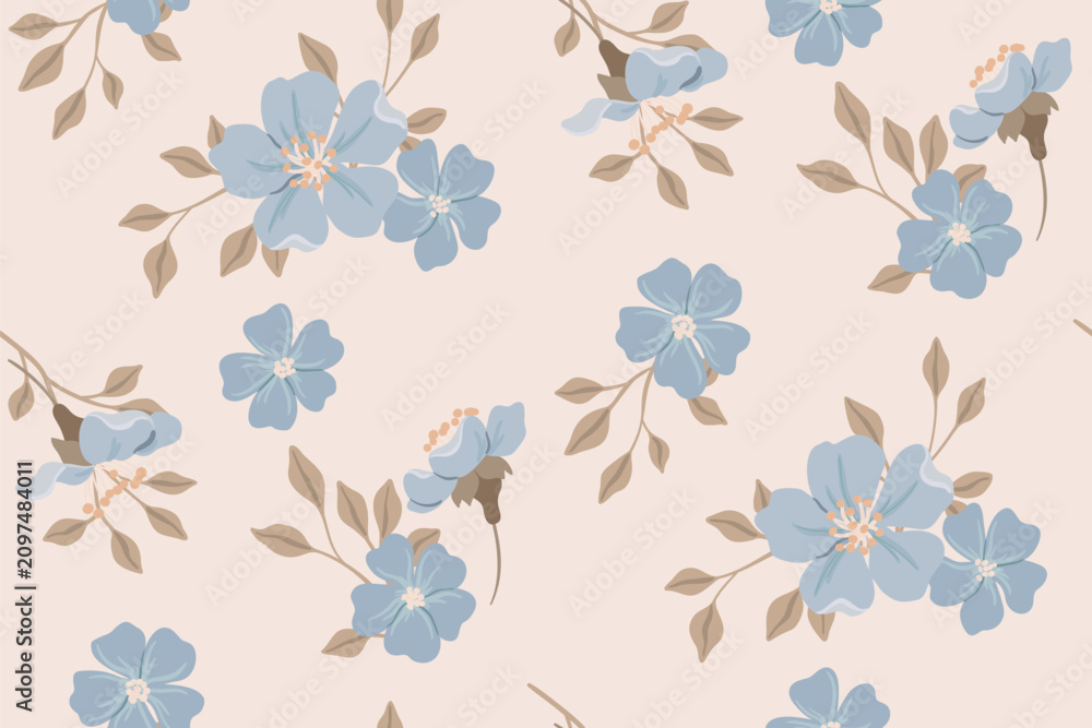 Fototapeta premium Seamless floral pattern, spring ditsy print in a delicate vintage motif. Cute botanical design of hand drawn small blue flowers, tiny leaves, simple bouquets on a light background. Vector illustration