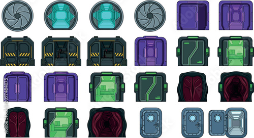Tableau sur toile Sci-Fi Futuristic Door Vector Set Featuring Spaceship Portals, Cyberpunk Gates,