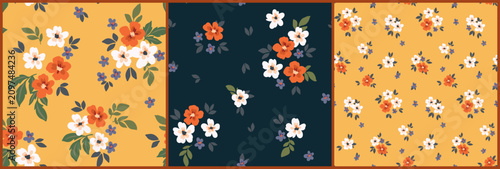 Seamless floral pattern, liberty ditsy print set. Cute botanical design in summer folk motif. Small hand drawn flowers, tiny leaves, simple mini bouquets. Country fashion textiles. Vector illustration