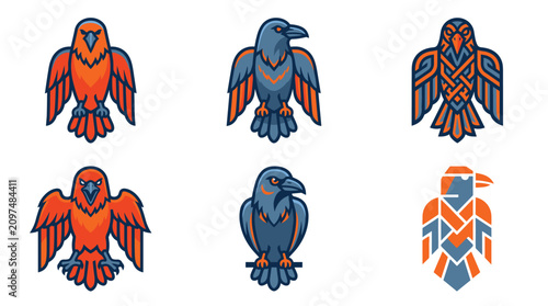 collection of pixel art ravens and eagles with geometric patterns, tribal motifs, and stylized tribal elements on a neutral background, game asset icons