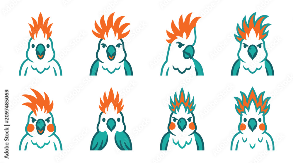 Obraz premium Pixel art set of eight cockatoo bird heads with orange crests and teal markings, isolated on white