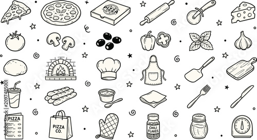 Foto Pizza Making and Italian Pizzeria Doodle Elements Vector Set