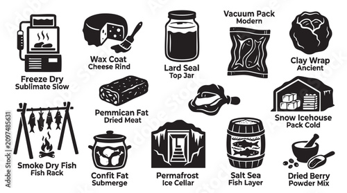 Ancient and modern food preservation methods black icon set, freeze dry, smoking, salting, wax coat, permafrost.