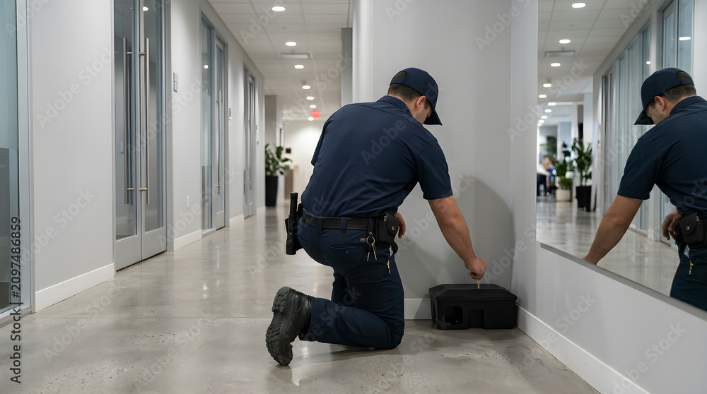 Obraz premium Pest control technician setting up black bait station trap in modern office corridor with technician trapping extermination professional maintenance corridor sanitation business