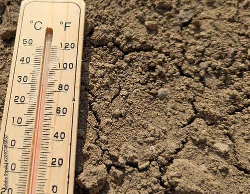 Climate Change Concept – Thermometer on Cracked Dry Ground, Extreme Heat, Drought, Global Warming and Environmental Crisis Background Photo. Original Photo