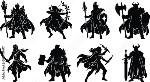 Fotografía Collection of Fantasy Warrior Character Silhouettes Featuring Knights, Rogues, M