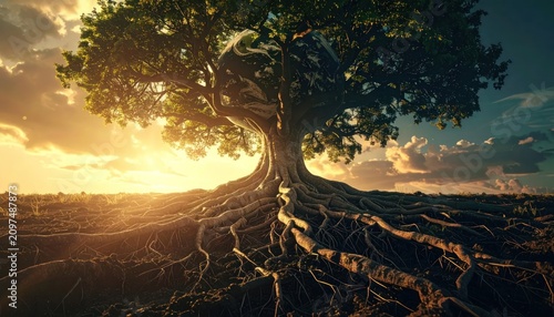 Ancient tree with exposed roots at sunset.