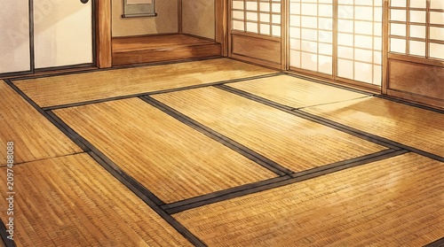 Minimalist Illustrated Interior of a Traditional Japanese Tatami Room: Shoji Screens and Natural Lighting, Wabi-Sabi Style
