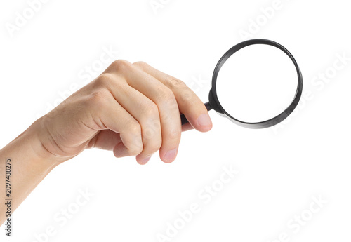 Fényképezés Hand holding black magnifying glass for search, isolated on transparent cutout b