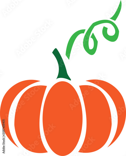 Flat Vector Illustration of a Vibrant Orange Pumpkin with a Green Stem and Curly Tendril Isolated on a White Background for Autumn Design