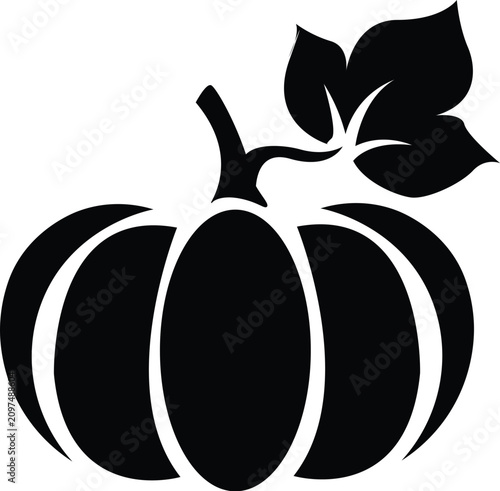 Black and white silhouette of a pumpkin with leaf for Halloween and autumn harvest graphic design