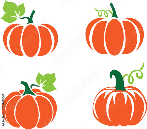Set of four orange pumpkin icons with green stems for autumn harvest and Halloween holiday graphic design