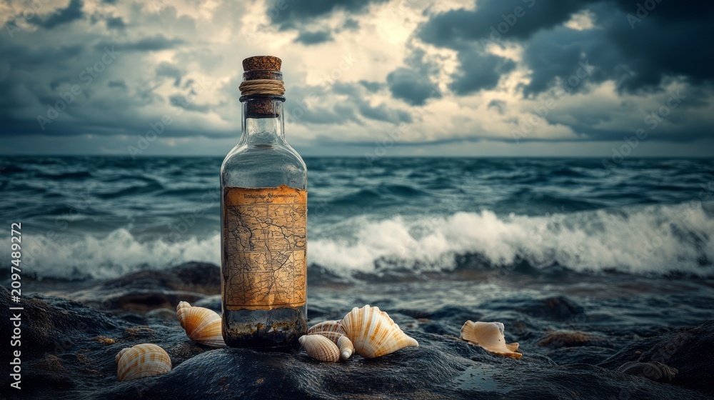 Obraz premium Old message bottle standing on rocky shore near rough sea and cloudy sky showing ocean mystery travel adventure hidden letter hope survival romance, dramatic nautical discovery and seashore scene