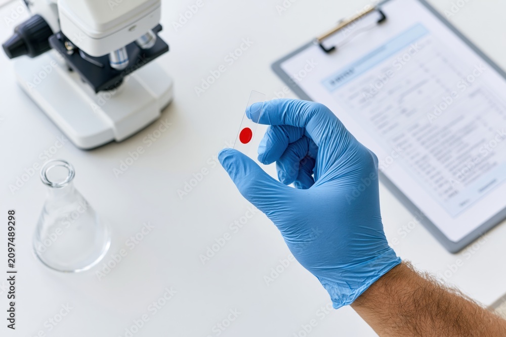 Fototapeta premium The Blood Sample Card Held By Gloved Hand In Laboratory Setting