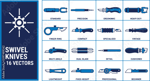 Collection of various swivel knives and utility tools on display for industrial use