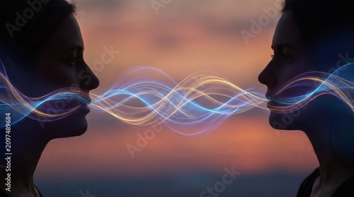 Two people facing each other with colorful waves emanating from their mouths at sunset
