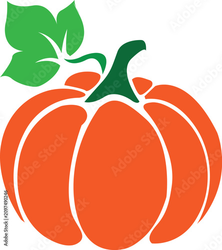 Simple orange pumpkin vector illustration with green leaf isolated on white background