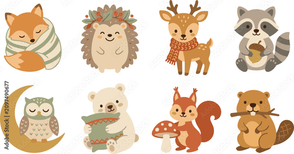 Obraz premium Cute Woodland Animal Characters Set with Fox Deer Owl and Forest Friends