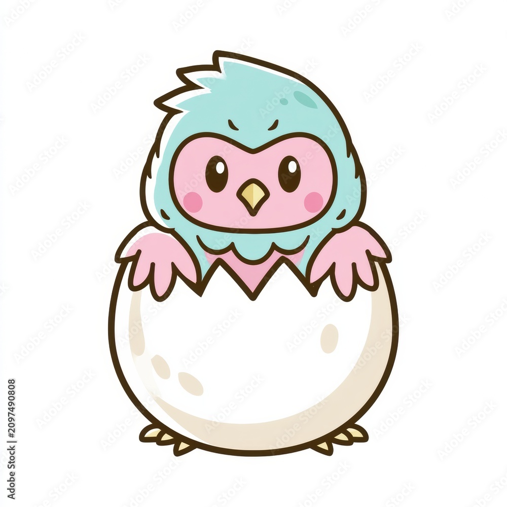 Fototapeta premium A baby owl chick hatches from its shell in spring. This design shows the chick with bright colors and bold outlines, ready for the season.