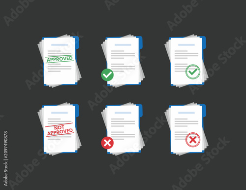 Six stacks of documents shown against a dark background. Each pile marked with approval or rejection symbols. Green checkmarks signal acceptance. Red X's indicate rejection