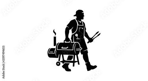 Silhouette of a man in an apron and cap, carrying a portable barbecue smoker and tongs, depicting a grill master or BBQ enthusiast.