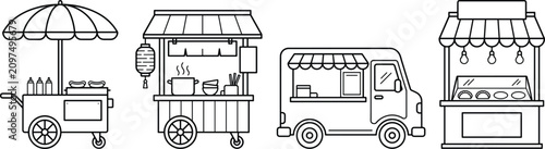 Street Food Vendor and Food Truck Icon Set with Hot Dog Cart Asian Noodle Stall and Market Booth Vector Line Art for Festivals and Restaurant Graphics