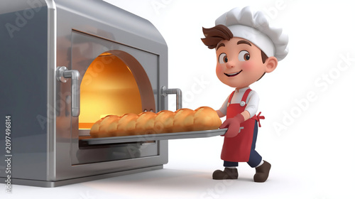 Cute 3D cartoon baker carefully pulling a tray of golden artisan bread from a hot oven, celebrating fresh baking, craftsmanship, and delicious homemade bakery products daily.