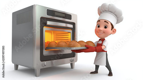 Cute 3D cartoon baker carefully pulling a tray of golden artisan bread from a hot oven, celebrating fresh baking, craftsmanship, and delicious homemade bakery products daily.