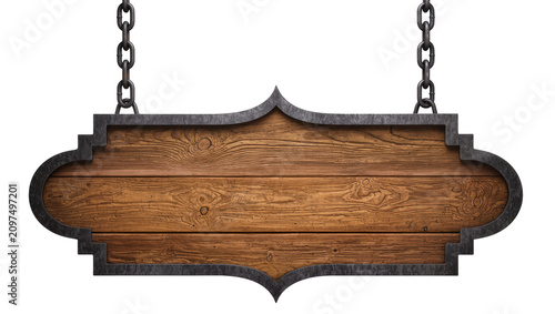 Obraz na płótnie Isolated rustic vintage wooden sign with ornate dark metal frame hanging on chai
