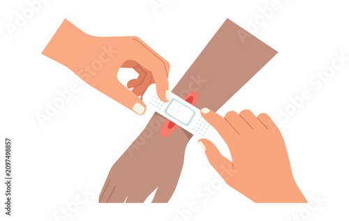 Applying adhesive bandage to hand wound first aid medical care concept vector.