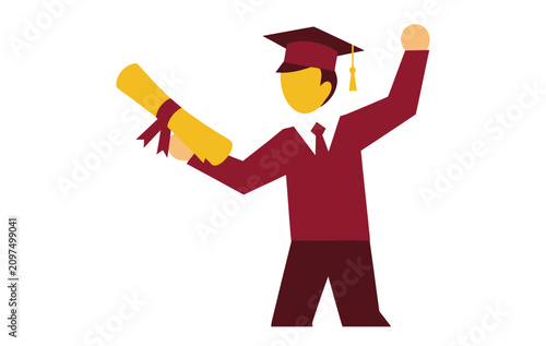 Graduate student holding diploma degree certificate celebrating icon vector.