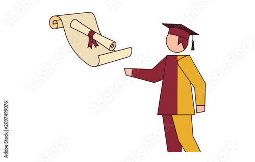 Graduate student looking at diploma degree certificate icon vector.