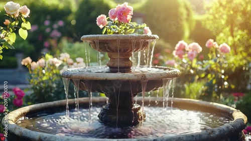 Elegant stone fountain in blooming garden with roses sunlight and flowing water creating romantic outdoor landscape decor luxury park atmosphere peaceful nature retreat and classic courtyard beauty