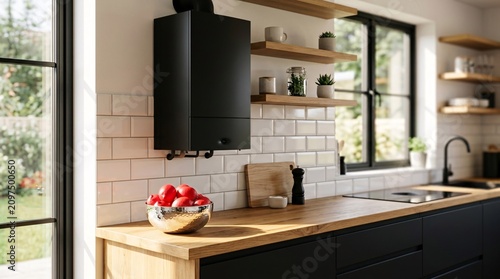 Modern minimalist kitchen showcases a sleek matte black boiler against white subway tiles, oak countertops, and red lemons in a bowl.