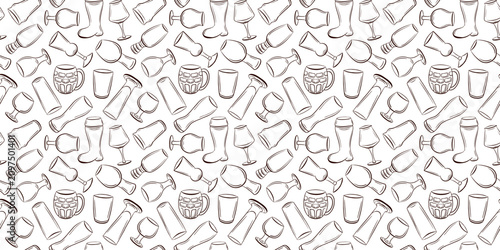 Seamless pattern with hand drawn beer glass and mug line art style on white background. Alcohol drink concept. illustration for wrapping paper, textile, wallpaper and decor.