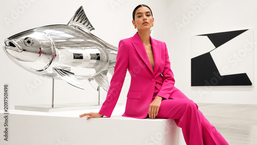 A fashionable woman in a pink suit poses beside a giant metallic fish sculpture in a modern gallery.