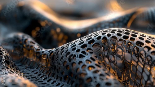 Macro view of futuristic breathable fabric with perforated cellular structure flowing waves delicate lighting innovative smart textile biomaterial research and abstract technology background design